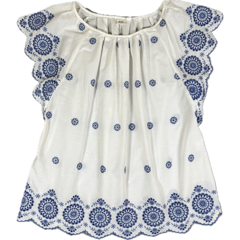 Gap Blouse Women Small White Blue Embroidered Eyelet Flutter Sleeve